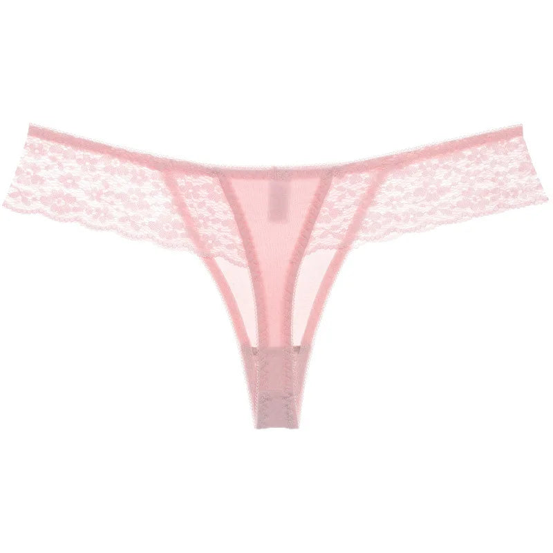 See-through Mesh Yarn Women's T-back Embroidery Lace Edge Ladies Thongs Sexy Low-waisted T-pants Seamless Female G-string