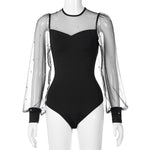 Women Pearl Mesh Puff Sleeve Bodysuit 2024 Fashion Long Sleeve Vintage Body Top Summer Fall Elegant Sexy Blouse Shirts Female