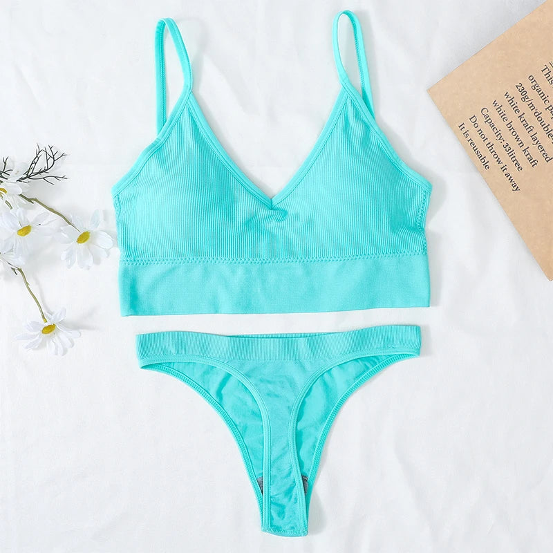 Women Sports Bra And Panties Set Seamless Bra U-Back Crop Top High Rise G-String Panties Thongs Underwear Sexy Lingerie Set
