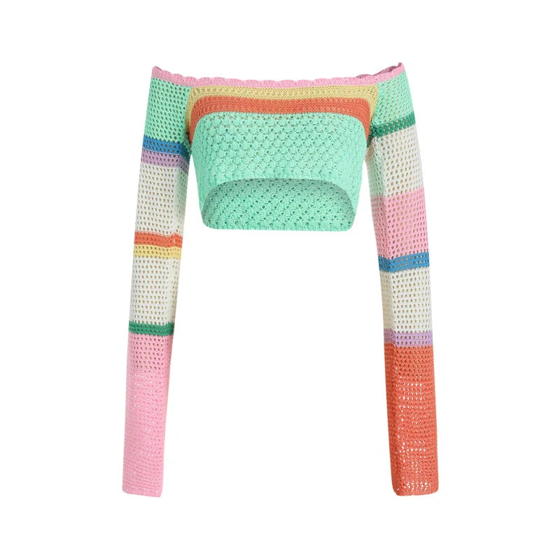 Women Summer Crop Tops Splicing Crochet Square Neck Long Sleeves Knitted T-shirt Tops 2021 Streetwear for Girls Green