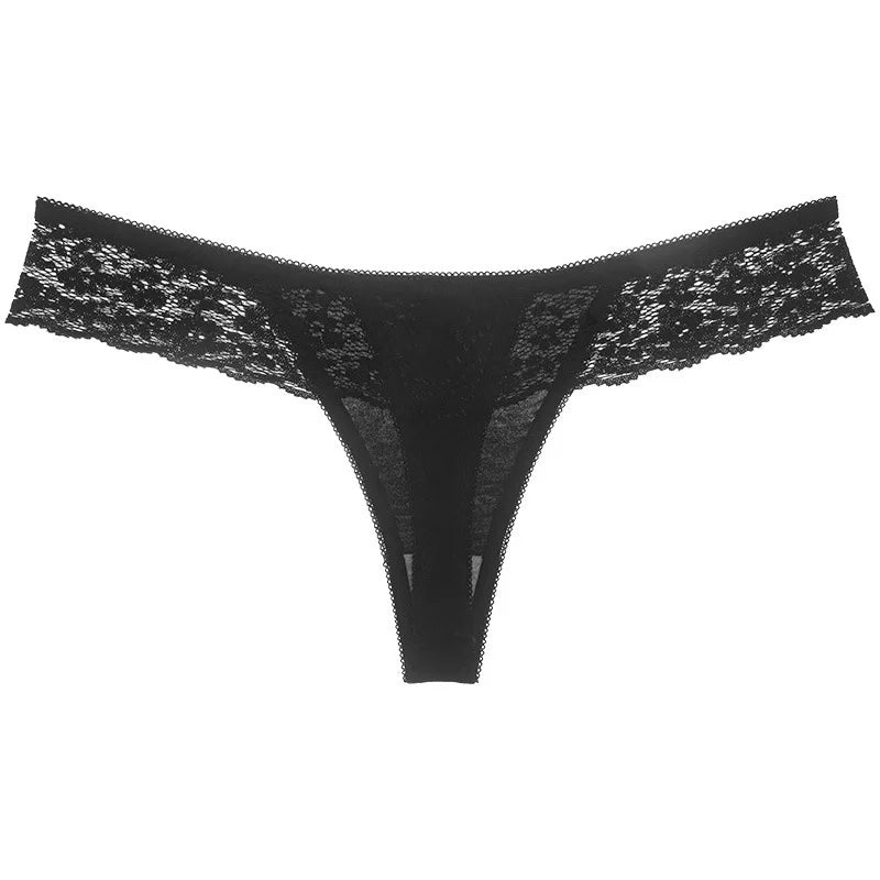 See-through Mesh Yarn Women's T-back Embroidery Lace Edge Ladies Thongs Sexy Low-waisted T-pants Seamless Female G-string