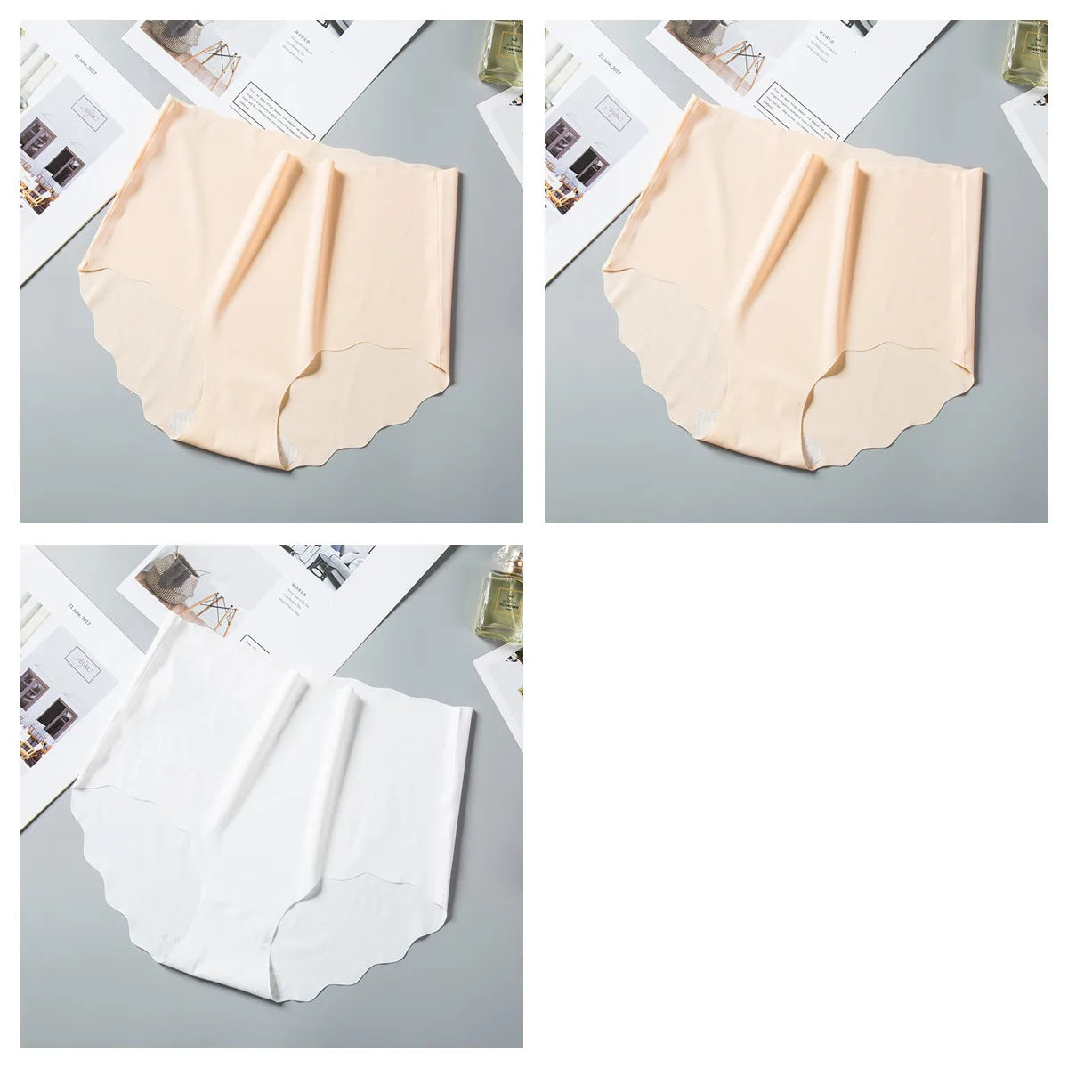 3Pcs/Set Women Ice Silk Panties Wavy Trim Seamless Underwear High Waist Panty No Show Briefs Invisible Ladies Lingerie M-XXL