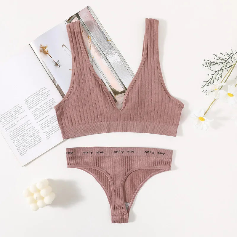 Women Seamless Bra And Panties Set Sexy Ribbed Bra Top Low Waist Thongs Wire-free Brassiere No Pads Comfort Intimates M-XL