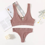 Women Seamless Bra And Panties Set Sexy Ribbed Bra Top Low Waist Thongs Wire-free Brassiere No Pads Comfort Intimates M-XL