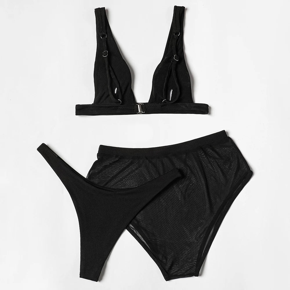ZTVitality Black Ribbed Three Pieces Bikini 2025 New Padded High Cut Mesh Swimsuit Female Swimwear Women Beach Brazilian Biquini