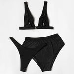 ZTVitality Black Ribbed Three Pieces Bikini 2025 New Padded High Cut Mesh Swimsuit Female Swimwear Women Beach Brazilian Biquini
