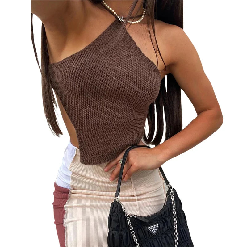 Summer Ladies Sexy Backless Chest Wrap Women Solid Color Hanging Neck Lace-Up Sleeveless Knitted Camisole Irregular Hem Top