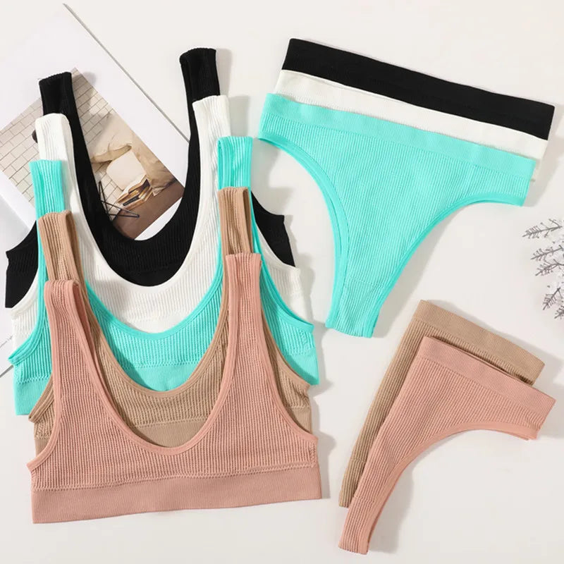 Women Seamless Bra And Panties Set Wire-Free U-Neck Small Cup Push-Up Bra Low-Rise Thongs Sexy Lingerie Female Underwear Set