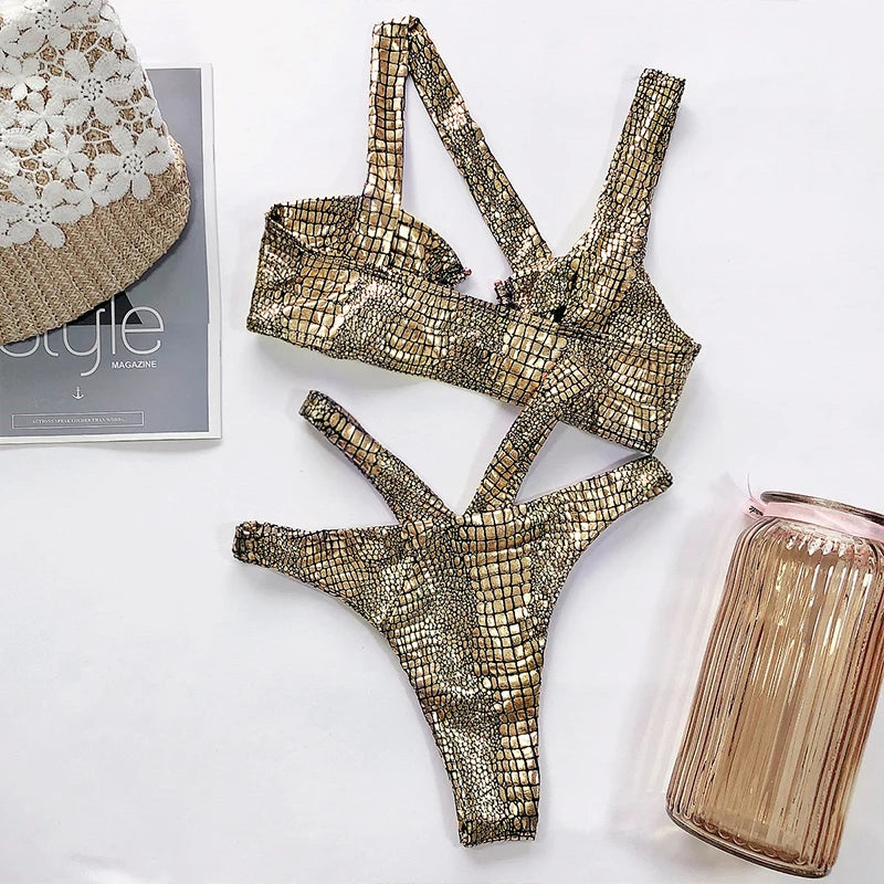 Asymmetric Shiny Snake Skin Thong Bikini Female Swimsuit Women Swimwear Two Pieces Bikini set High Cut Bather Bathing Suit Swim