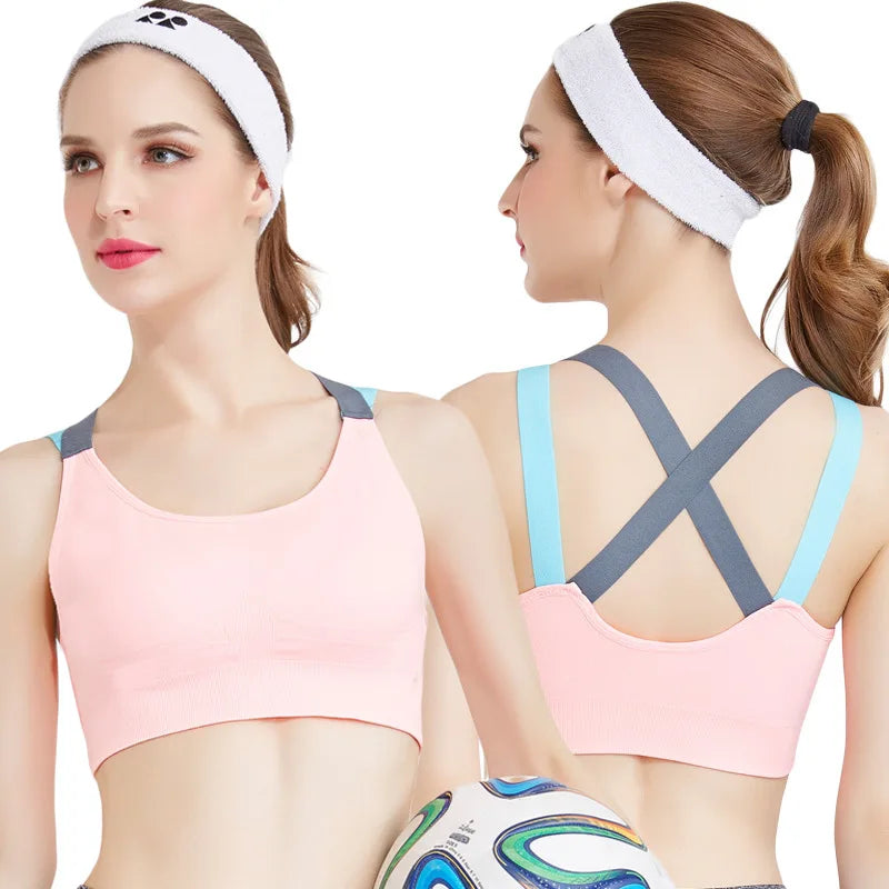 Women's Cross Back Sports Bra, Seamless Wireless Workout Top with Removable Pads for Yoga Running Gym