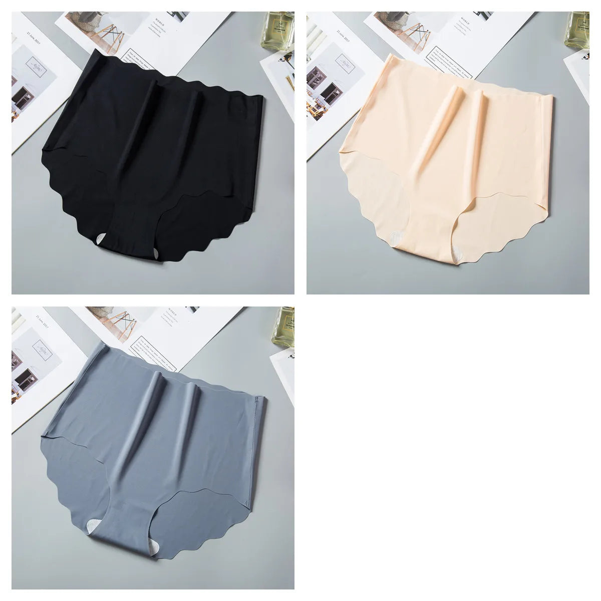 3Pcs/Set Women Ice Silk Panties Wavy Trim Seamless Underwear High Waist Panty No Show Briefs Invisible Ladies Lingerie M-XXL