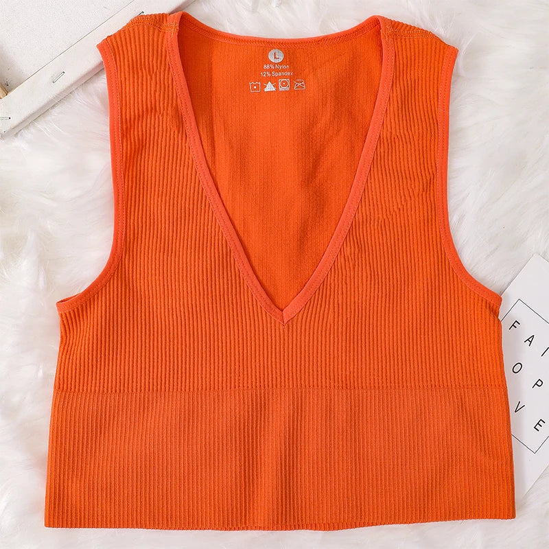 Summer Crop Top Women V-Neck Tanks Sexy Lingerie Sleeveless Short Tee Rib Fitness Underwear Sport Seamless Bra Tops Camisole