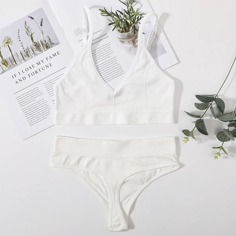 Women Ribbed Bra And Panties Set Seamless Underwear Top Women's V-Neck No Pad Lingerie Adjustable Straps Wire Free Bralette M-L