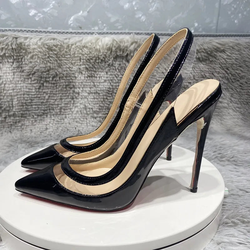 transparent PVC women's high heels, 12cm 10cm 8cm thin heels, no shoelaces, toe, Party disco shoes, black, size 33-45