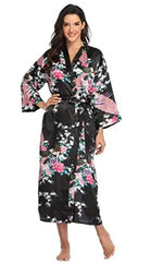Hot Sale Black Summer Satin Kimono Bathrobe Women Bride Bridesmaid Wedding Robe Dress Gown Sexy Flower Long Sleepwear M-3XL