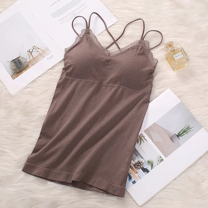 Women Vertical Rib Long Camisole With Crisscross Thin Straps Romantic Lace Trim V Neck Built-In Chest Pads Daily Inner Sling Top