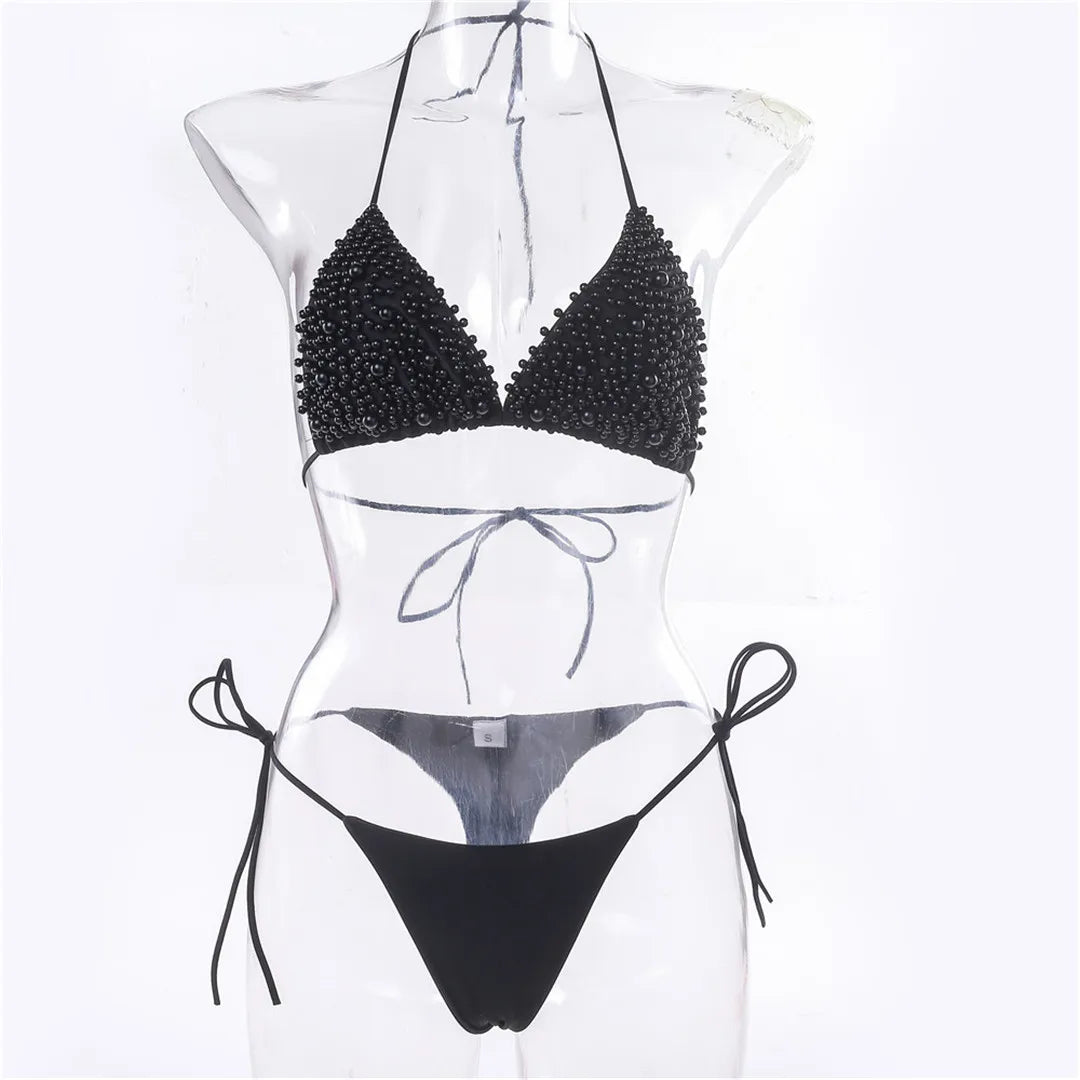 S - XL Halter Luxury Pearl Bikini Female Swimsuit Women Swimwear Two-pieces Bikini set Mini Micro Bather Bathing Suit Swim Lady