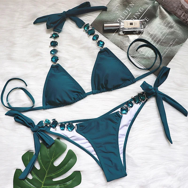 Halter Rhinestone Diamond Bikini Women Swimsuit Female Bikinis Metal Chain Swimwear Two Pieces Bikini Set Bathing Suit Swim Lady