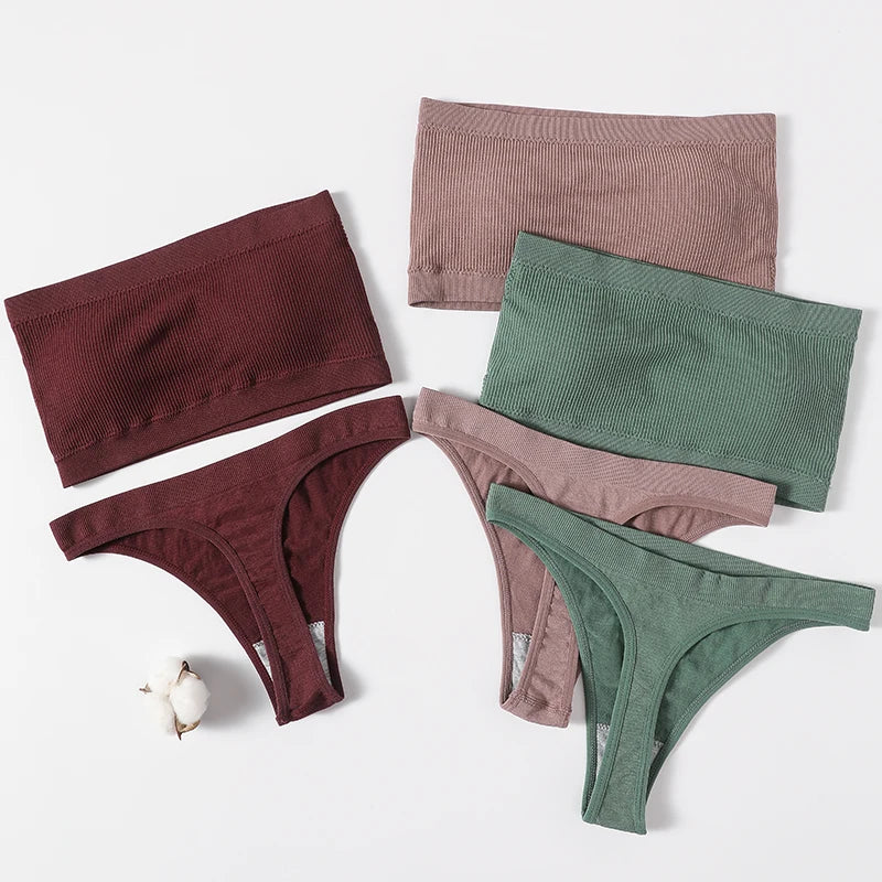 Women Strapless Bra And Panties Set Seamless Anti-Slip Tube Bra Sexy Underwear Brazilian Panties Ribbed Bandeau Lingerie Set