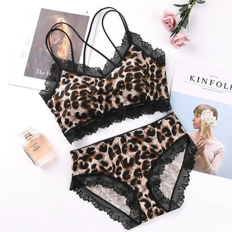 Sexy Leopard Print Women‘s Underwear Set Temptation Lace Bralette Wire Free Push Up Brassiere Female Lingerie 2-Pieces Suit
