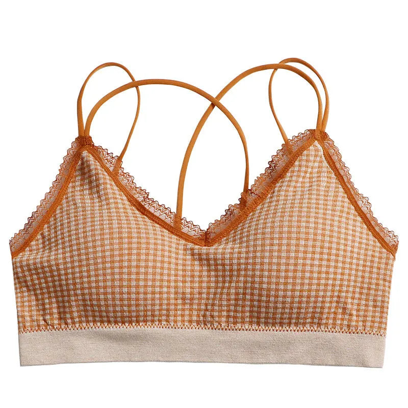 Gingham Lace Cross-Back Bralette Wireless Wrap Bra Sexy Lingerie Stretchy Beauty Cross Back Underwear Plaid Lace Trim Tube Bra