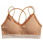Gingham Lace Cross-Back Bralette Wireless Wrap Bra Sexy Lingerie Stretchy Beauty Cross Back Underwear Plaid Lace Trim Tube Bra