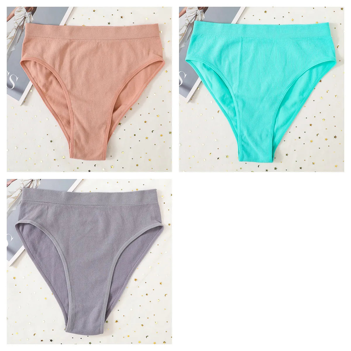 3Pcs/Set Seamless Panties Women High Waist Briefs High Cut Sports Bottom Underwear Female Stretch Rib Underpants Sexy Lingerie