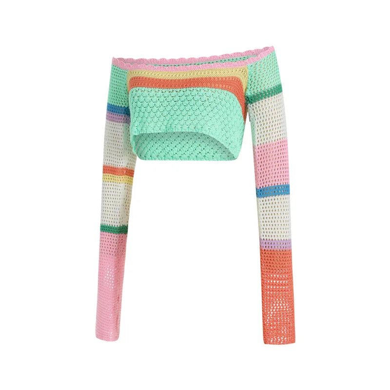 Women Summer Crop Tops Splicing Crochet Square Neck Long Sleeves Knitted T-shirt Tops 2021 Streetwear for Girls Green