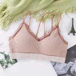Gingham Lace Cross-Back Bralette Wireless Wrap Bra Sexy Lingerie Stretchy Beauty Cross Back Underwear Plaid Lace Trim Tube Bra