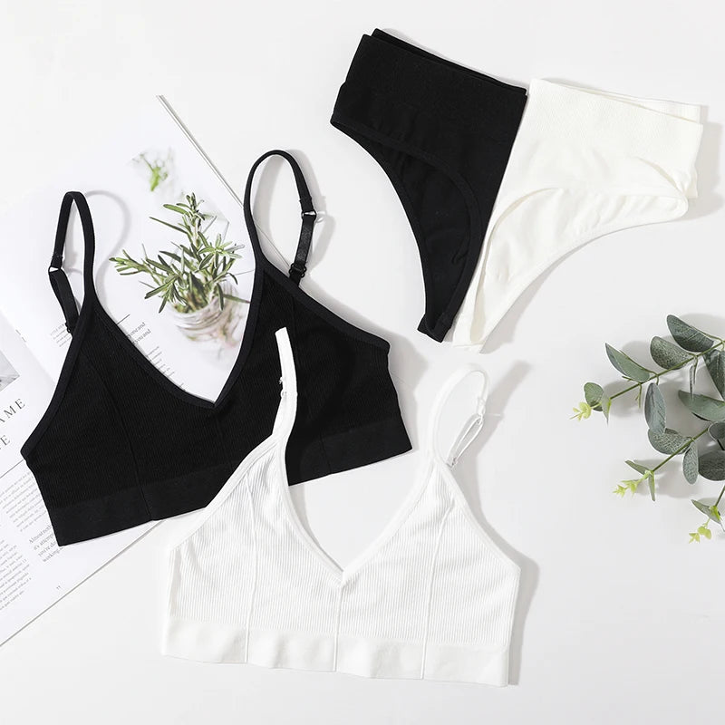 Women Ribbed Bra And Panties Set Seamless Underwear Top Women's V-Neck No Pad Lingerie Adjustable Straps Wire Free Bralette M-L