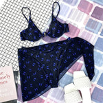 Marble Print V-Bar Underwired Bikini Women Swimsuit Female Swimwear Three-pieces Bikini Set Push Up Bathing Suit Beach Sarong