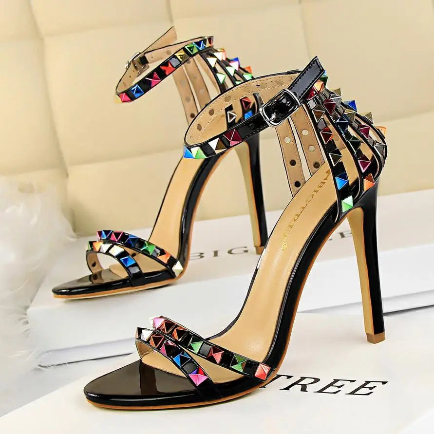 BIGTREE Shoes Color Rivets Women Sandals Roman Style Heeled Sandals Hollow Out High Heels Stiletto Sexy Party Shoes Sandals