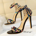 BIGTREE Shoes Color Rivets Women Sandals Roman Style Heeled Sandals Hollow Out High Heels Stiletto Sexy Party Shoes Sandals