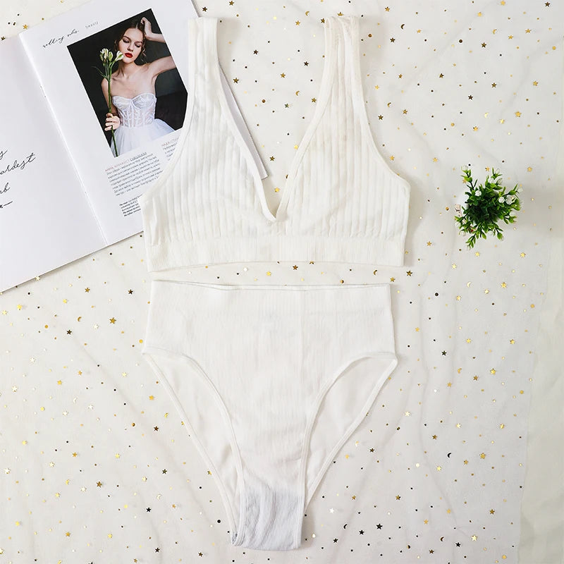 Women Ribbed V-Neck Unpadded Bra High Waist High Cut Briefs Set Wireless Bralette Soft Stretch Panties Sexy Lingerie Set S-L