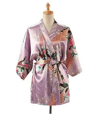 Lace Up Woman Peacock Print Japanese Kimono Yukata Silk Satin Short Style Sleepwear Home Nightgown Bath Robe Costume