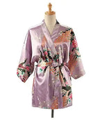 Lace Up Woman Peacock Print Japanese Kimono Yukata Silk Satin Short Style Sleepwear Home Nightgown Bath Robe Costume