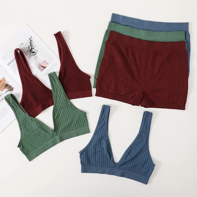Women Seamless Bra And Panties Set Female Sport V-neck Unlined Bra High Rise Shorts Stretchy Underwear Sexy Lingerie Set