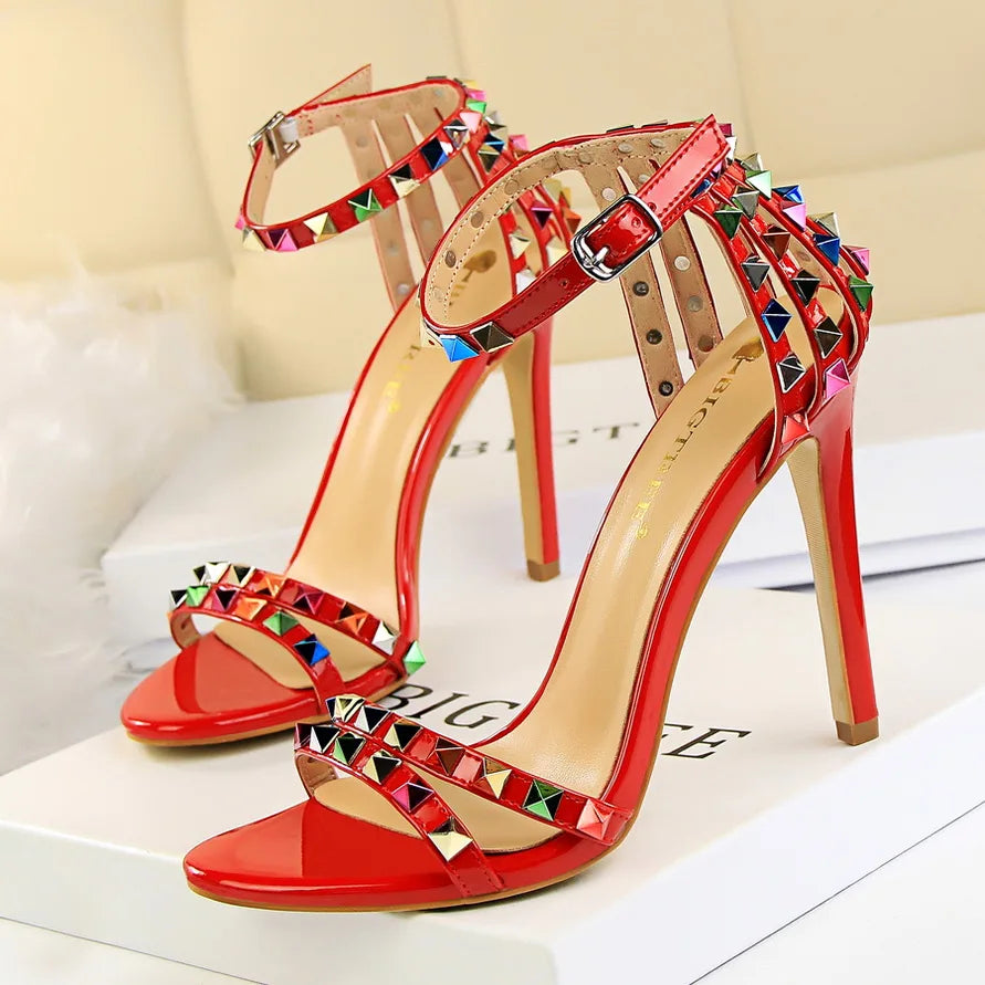 BIGTREE Shoes Color Rivets Women Sandals Roman Style Heeled Sandals Hollow Out High Heels Stiletto Sexy Party Shoes Sandals