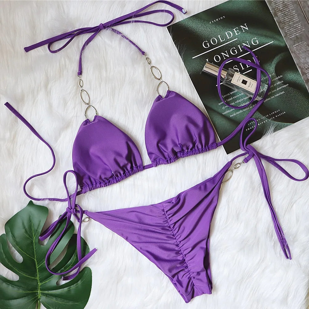 Sexy Rhinestone Bikini 2026 Women Solid Purple Metal Chain Swimsuit Brazilian Summer Beach Bathing Suit Luxury Thong Swimwear