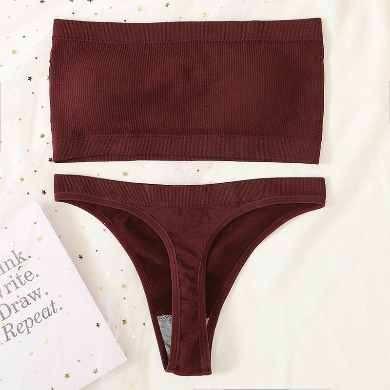 Women Strapless Bra And Panties Set Bandeau Bra High Waist Thong Seamless Underwear Sexy Tube Bra Female Sexy Lingerie Set M-XL