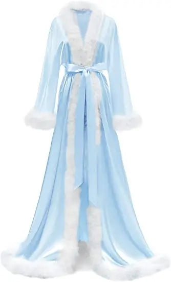 Women's Satin Robe Fur Nightgown Bathrobe Sleepwear Feather Bridal Robe with Belt