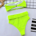 Neon Green Bandeau Swimsuit High Waist Bikini 2025 Women Swimwear Female Two pieces Bikini set Buckle Waistband bathing suit