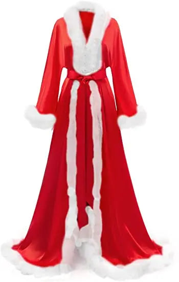 Women's Satin Robe Fur Nightgown Bathrobe Sleepwear Feather Bridal Robe with Belt
