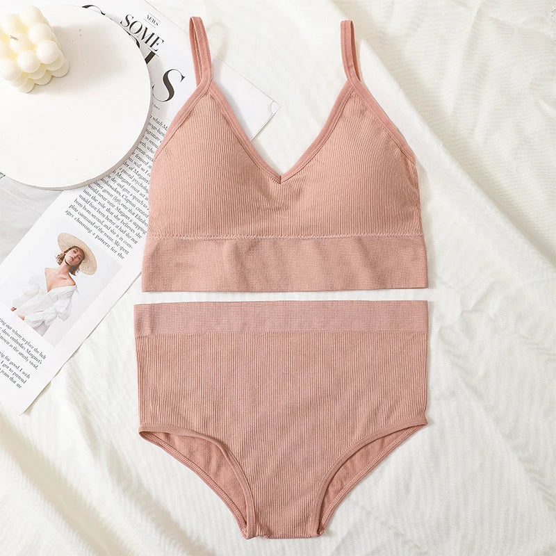 Women Bra And Panty Set Low Back Bra High Waist Briefs Female Sexy Lingerie Set Wire Free Brassiere Seamless Underwear Crop Top