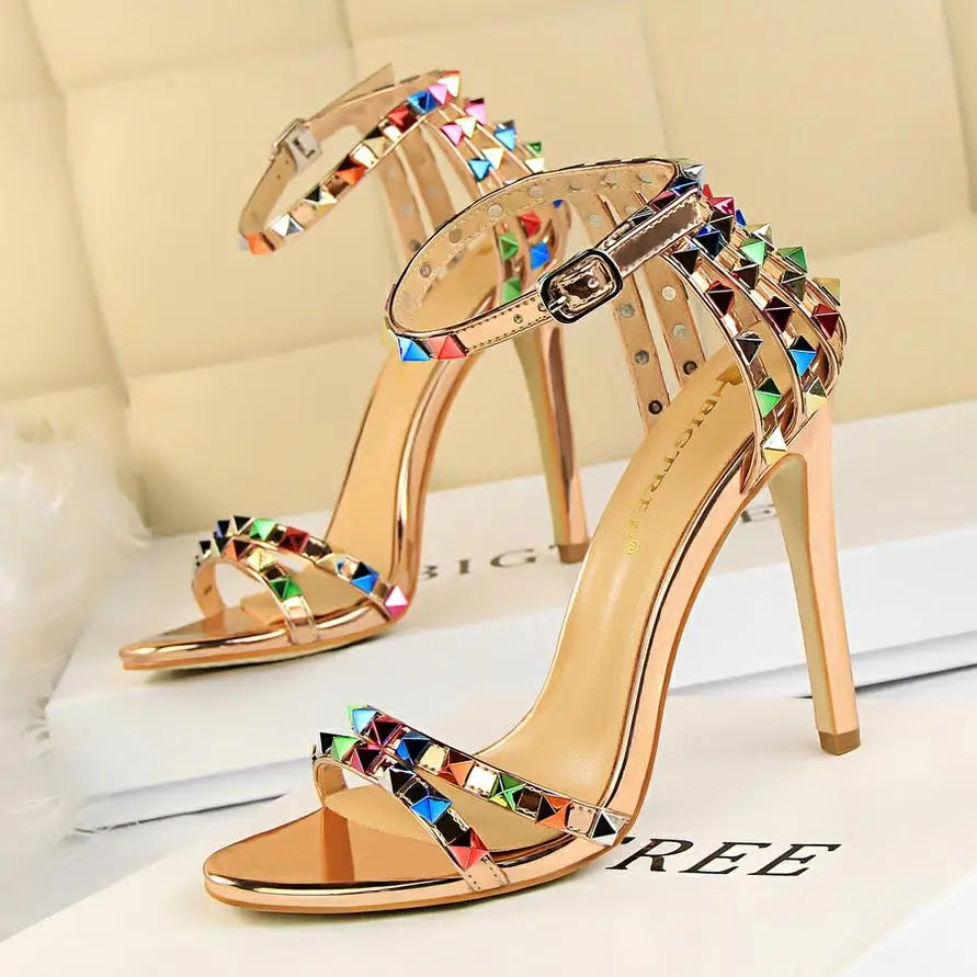 BIGTREE Shoes Color Rivets Women Sandals Roman Style Heeled Sandals Hollow Out High Heels Stiletto Sexy Party Shoes Sandals