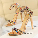 BIGTREE Shoes Color Rivets Women Sandals Roman Style Heeled Sandals Hollow Out High Heels Stiletto Sexy Party Shoes Sandals
