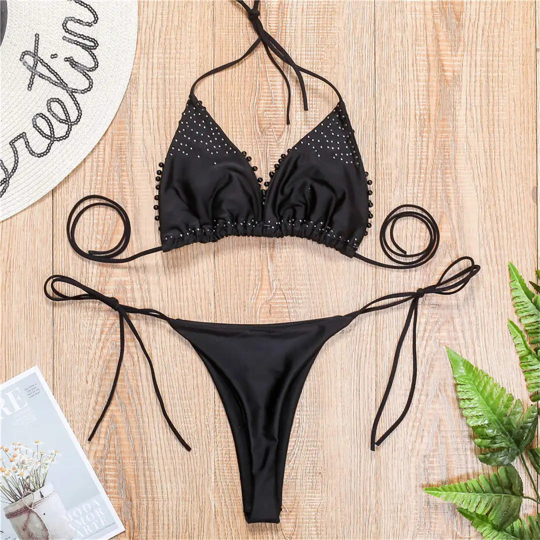 S - XL Halter Luxury Pearl Bikini Female Swimsuit Women Swimwear Two-pieces Bikini set Mini Micro Bather Bathing Suit Swim Lady