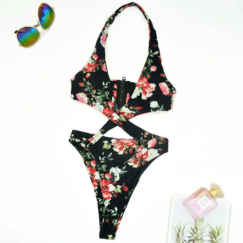 2025 Sexy High Cut Out Halter Female Swimwear One Piece Swimsuit Women Cross Bandage Monokini Bather Bathing Suit Swim Bodysuit