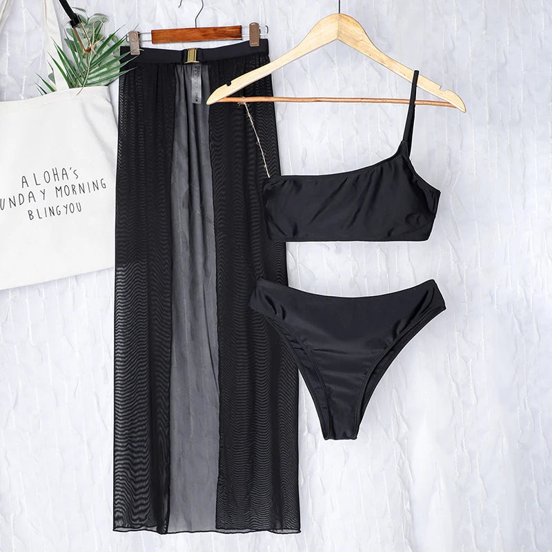 New One shoulder Bikini 2025 Female Swimsuit Women Swimwear Three-pieces Bikini set Mesh Long Skirt Beach wear Bathing Suit Swim