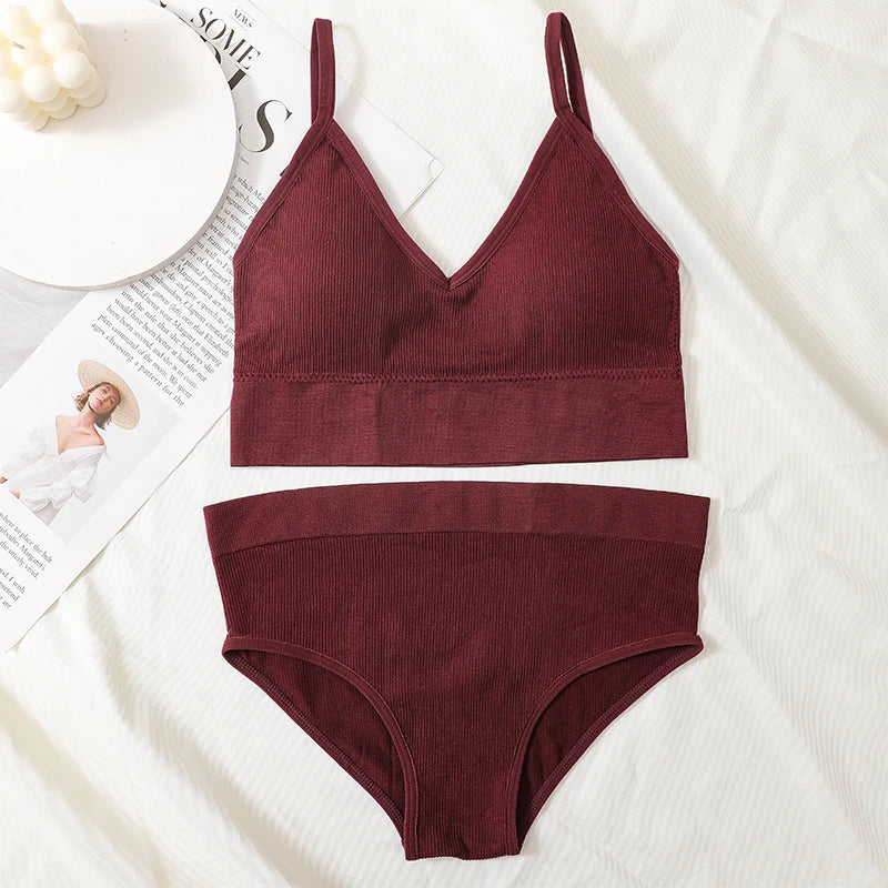 Women Bra And Panty Set Low Back Bra High Waist Briefs Female Sexy Lingerie Set Wire Free Brassiere Seamless Underwear Crop Top